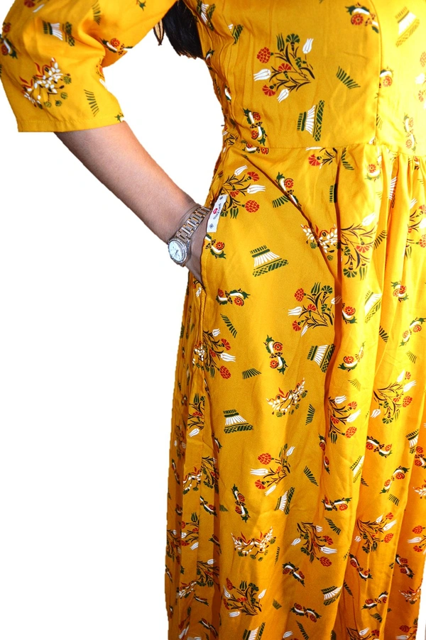 Mom's Kurtiz by Neil Anarkali Indian Style Maternity Feeding Gown  - yellow, 42, Premium Quality Rayon Cotton 