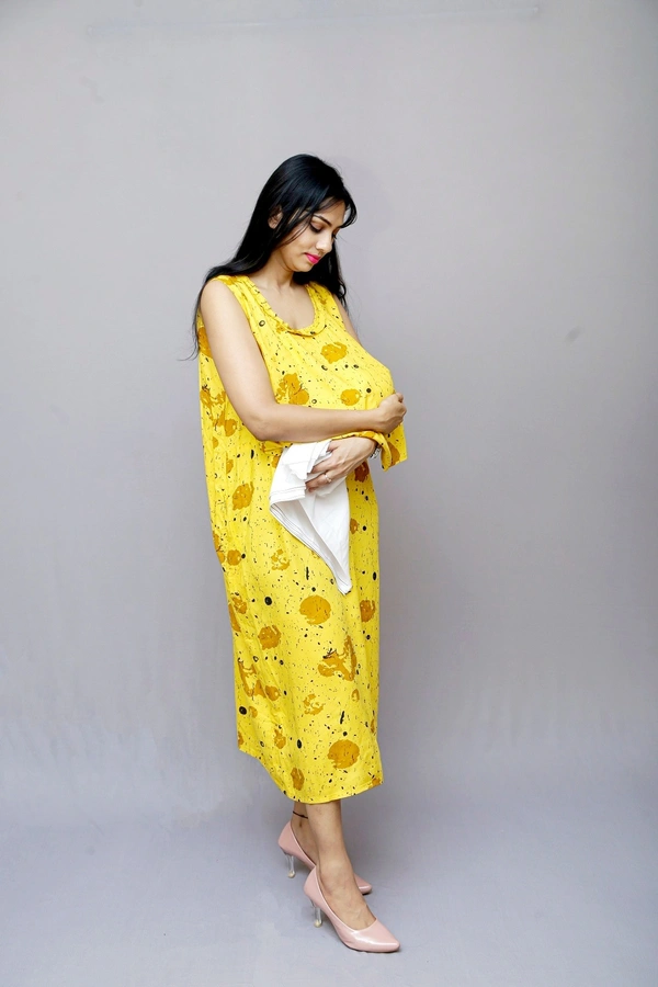 Mom's Kurtiz by Neil Feeding Dress With Nursing Cover - Yellow, 44, Premium Quality Rayon Cotton