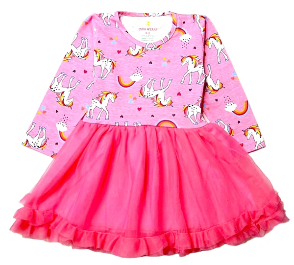 Unicorn Print Frocks For Girls  - Tickle Me Pink, 2_3 Yrs, Cotton & NET