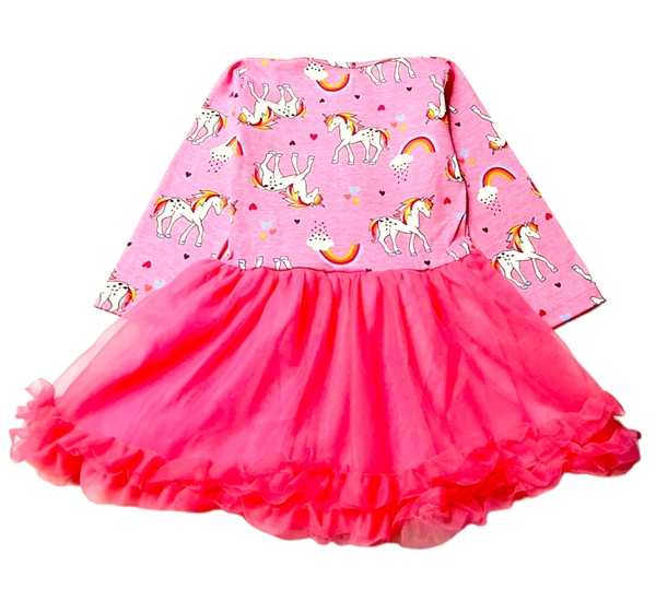 Unicorn Print Frocks For Girls  - Tickle Me Pink, 2_3 Yrs, Cotton & NET
