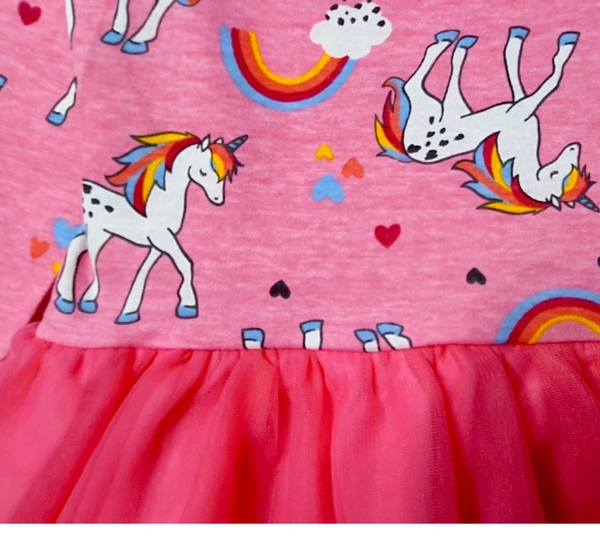 Unicorn Print Frocks For Girls  - Tickle Me Pink, 2_3 Yrs, Cotton & NET