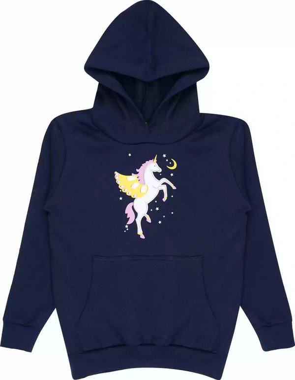 Kids Sweatshirt with Hoodi for Girls  - Navy Blue, 3-4 y, Cotton Fleece