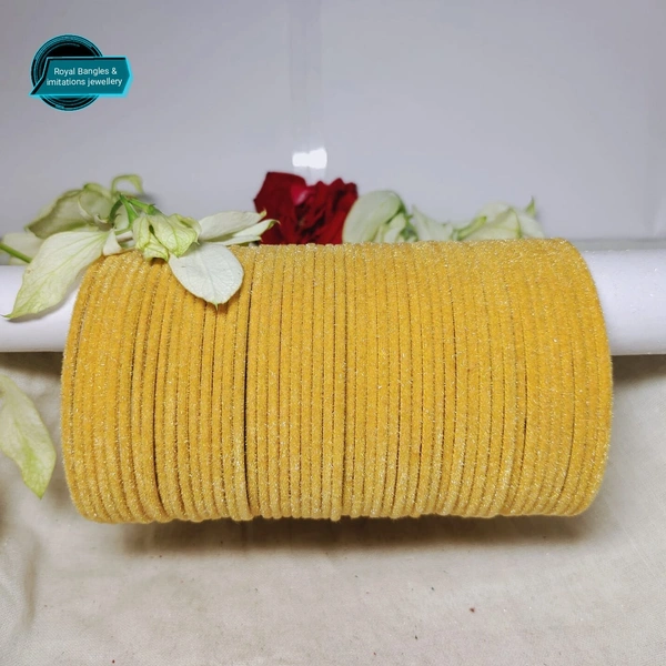 Fancy Metal Velvet Mate Finished Bangles - Yellow , 2-6