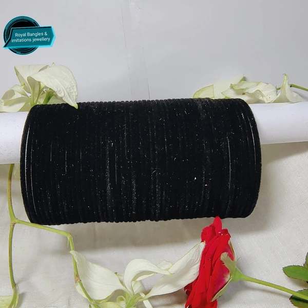 Fancy Metal Velvet Mate Finished Bangles - Black , 2-2