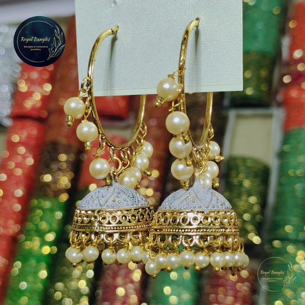 Golden Earrings With Jhumka  - Gray