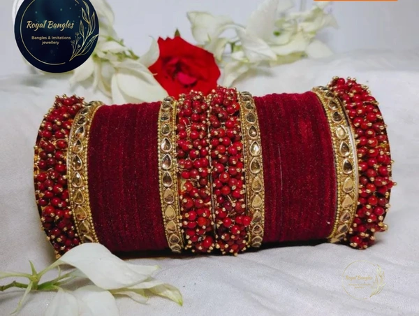 Traditional Velvet Chuda Bangles Set With Pearl Kada - Mehroon , 2-4