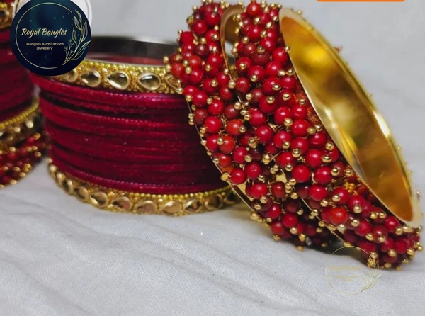 Traditional Velvet Chuda Bangles Set With Pearl Kada - Mehroon , 2-4