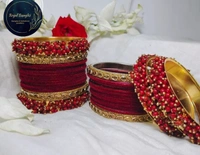 Traditional Velvet Chuda Bangles Set With Pearl Kada - Mehroon , 2-4