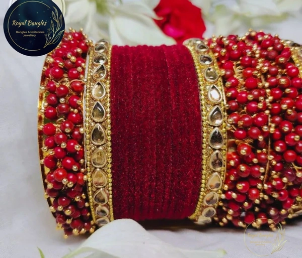 Traditional Velvet Chuda Bangles Set With Pearl Kada - Mehroon , 2-4