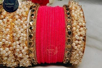 Traditional Velvet Chuda Bangles Set With Pearl Kada - 2-2, Pink