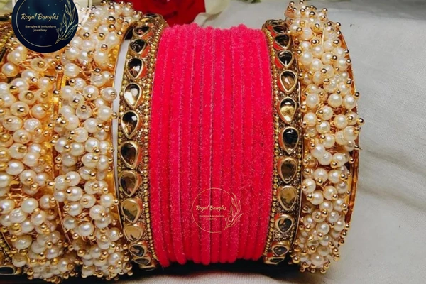 Traditional Velvet Chuda Bangles Set With Pearl Kada - 2-2, Pink