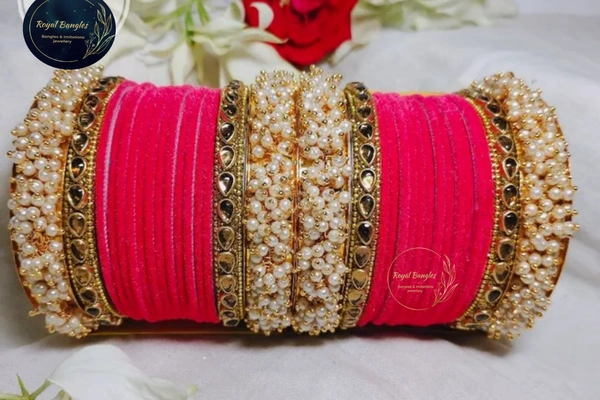 Traditional Velvet Chuda Bangles Set With Pearl Kada - 2-4, Pink