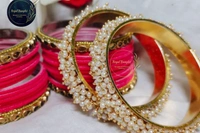 Traditional Velvet Chuda Bangles Set With Pearl Kada - 2-6, Pink