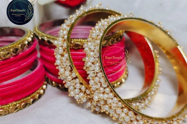 Traditional Velvet Chuda Bangles Set With Pearl Kada - 2-6, Pink