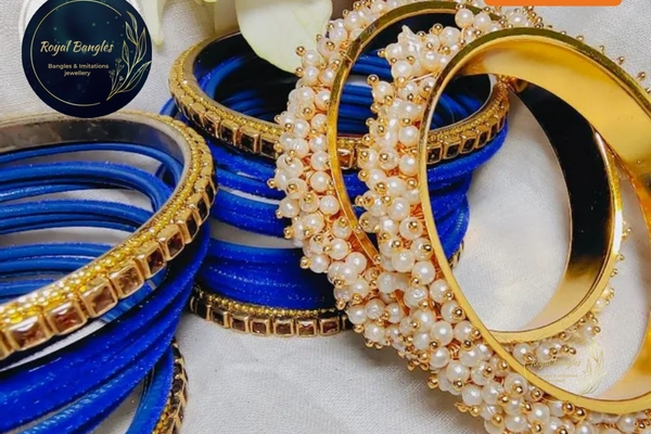 Traditional Velvet Chuda Bangles Set With Pearl Kada - Blue, 2-4