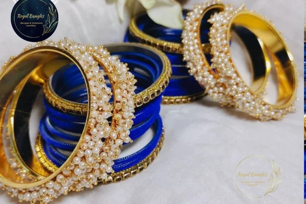 Traditional Velvet Chuda Bangles Set With Pearl Kada - Blue , 2-6