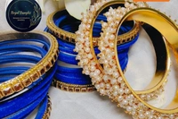 Traditional Velvet Chuda Bangles Set With Pearl Kada - Blue , 2-6