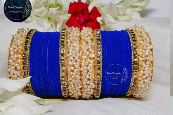 Traditional Velvet Chuda Bangles Set With Pearl Kada - Blue , 2-6