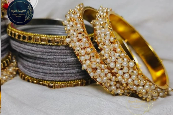 Traditional Velvet Chuda Bangles Set With Pearl Kada - Gray, 2-4