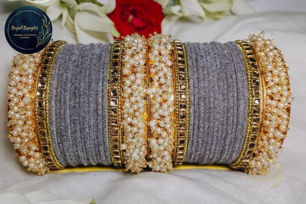 Traditional Velvet Chuda Bangles Set With Pearl Kada - Gray , 2-6