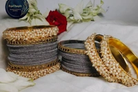 Traditional Velvet Chuda Bangles Set With Pearl Kada - Gray , 2-6