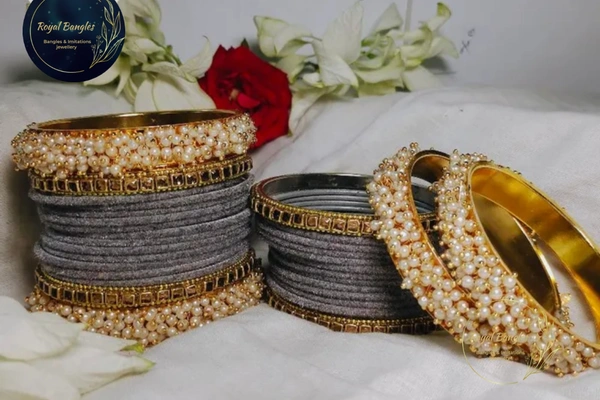 Traditional Velvet Chuda Bangles Set With Pearl Kada - Gray , 2-6