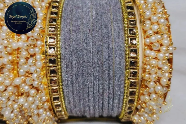 Traditional Velvet Chuda Bangles Set With Pearl Kada - Gray , 2-6