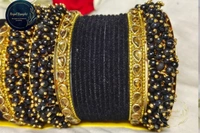 Traditional Velvet Chuda Bangles Set With Pearl Kada - Black , 2-2