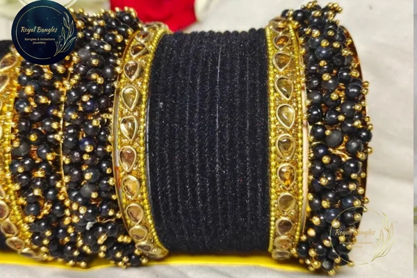 Traditional Velvet Chuda Bangles Set With Pearl Kada - Black , 2-2