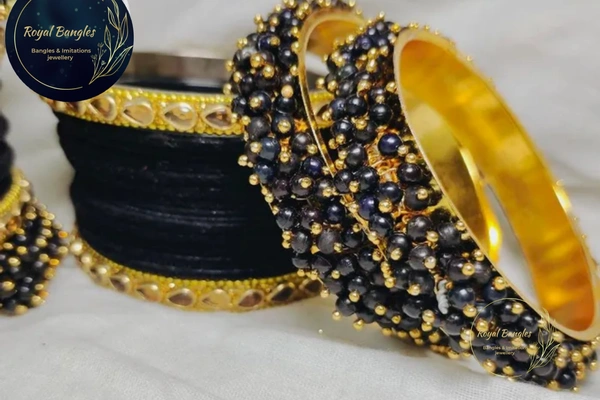 Traditional Velvet Chuda Bangles Set With Pearl Kada - Black , 2-4