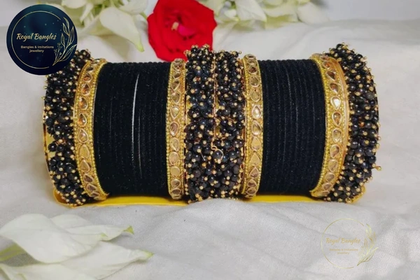 Traditional Velvet Chuda Bangles Set With Pearl Kada - Black , 2-4