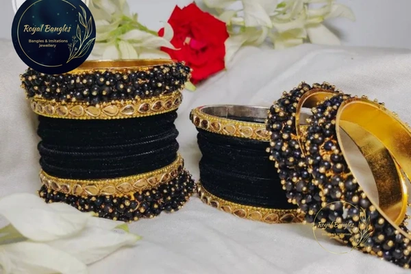 Traditional Velvet Chuda Bangles Set With Pearl Kada - Black , 2-4