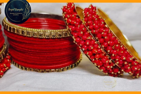 Traditional Velvet Chuda Bangles Set With Pearl Kada - Red, 2-2