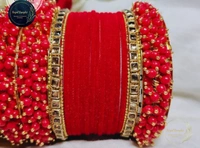 Traditional Velvet Chuda Bangles Set With Pearl Kada - Red, 2-6