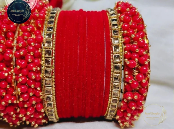 Traditional Velvet Chuda Bangles Set With Pearl Kada - Red, 2-6