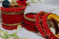 Traditional Velvet Chuda Bangles Set With Pearl Kada - Red, 2-6