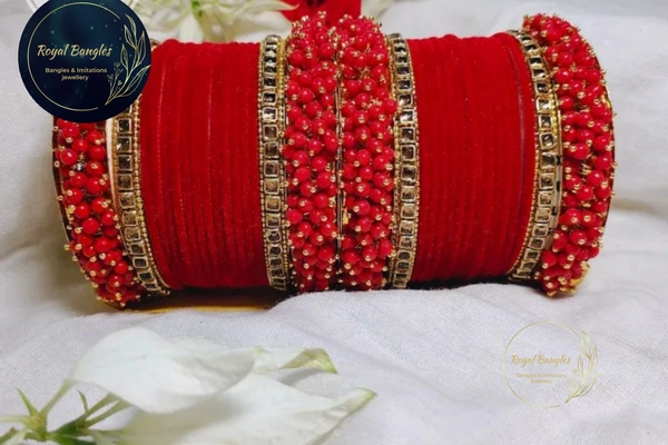 Traditional Velvet Chuda Bangles Set With Pearl Kada - Red, 2-6