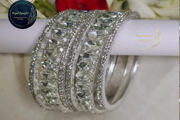 Silver Stone Bangles Set  - Silver , 2-4