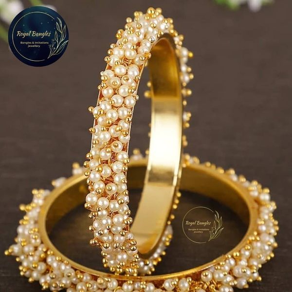 Traditional  Pearl Studded Gold Plated Bangles  - Golden , 2-2