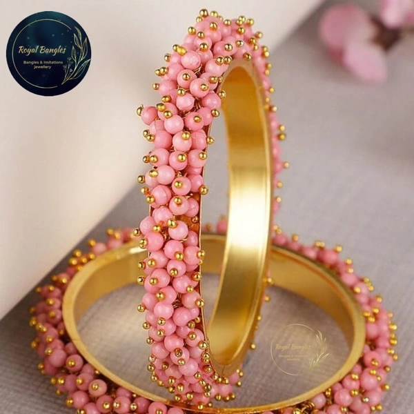 Traditional  Pearl Studded Gold Plated Bangles  - Pink , 2-2