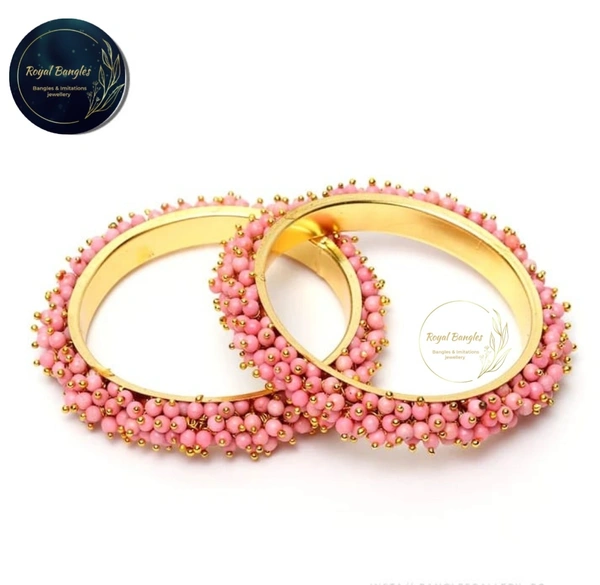Traditional  Pearl Studded Gold Plated Bangles  - Pink , 2-2