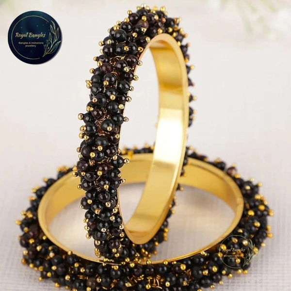 Traditional  Pearl Studded Gold Plated Bangles  - Black , 2-4