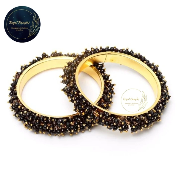Traditional  Pearl Studded Gold Plated Bangles  - Black , 2-6