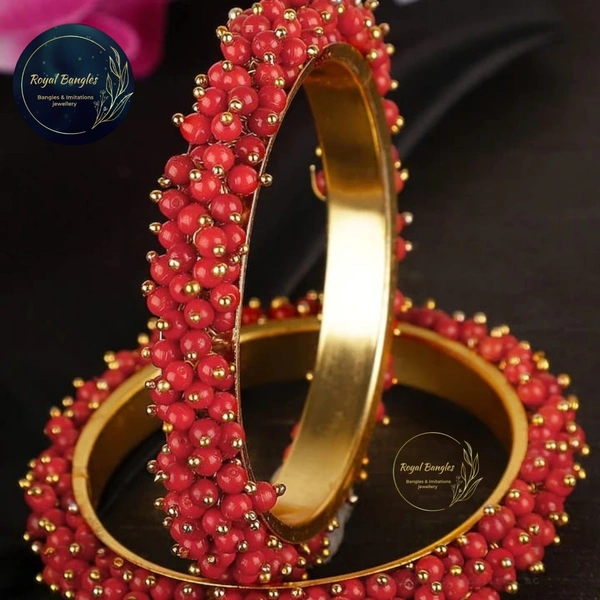 Traditional  Pearl Studded Gold Plated Bangles  - Red, 2-2