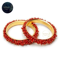 Traditional  Pearl Studded Gold Plated Bangles  - Red, 2-2