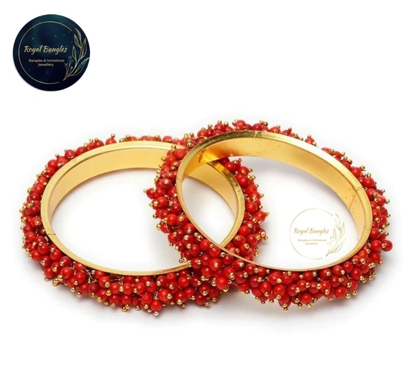 Traditional  Pearl Studded Gold Plated Bangles  - Red, 2-2