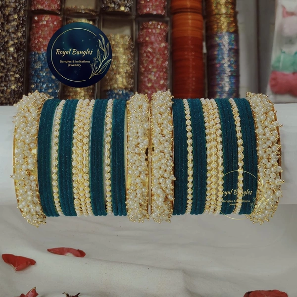 Traditional Velvet Chuda Bangles Set With Pearl Kada - 2-6, sky