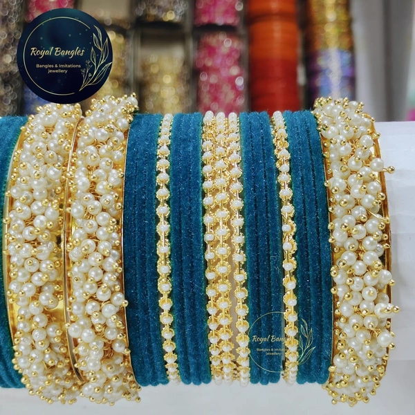Traditional Velvet Chuda Bangles Set With Pearl Kada - 2-6, sky