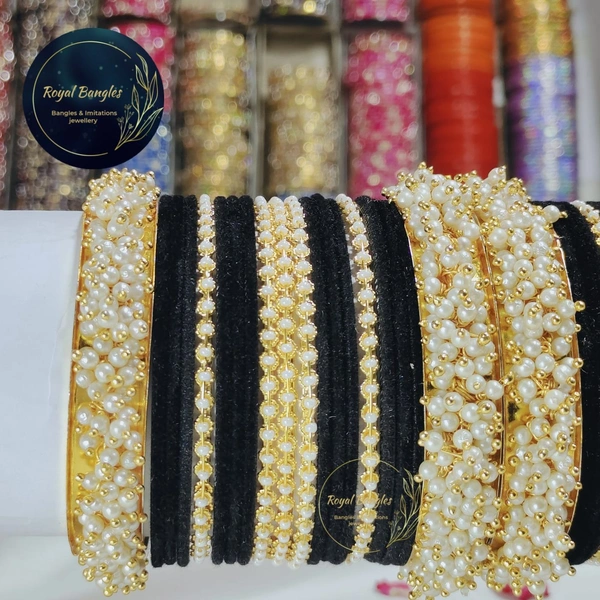 Traditional Velvet Chuda Bangles Set With Pearl Kada - Black , 2-2