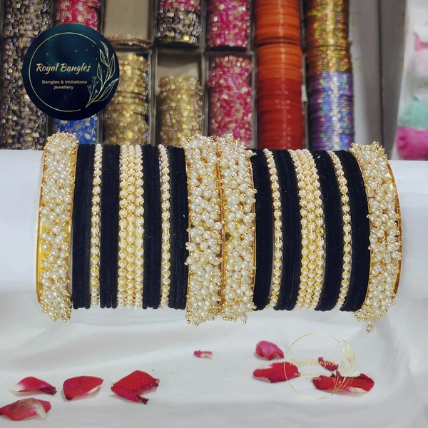 Traditional Velvet Chuda Bangles Set With Pearl Kada - Black , 2-6